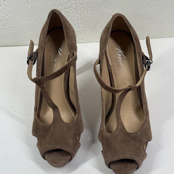 Kenneth Cole Platform Heels T-Strap Taupe Suede Peep Toe Heel Size 8.5 - Picture 11 of 14